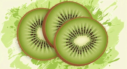 Fresh vector illustration of kiwi fruit slices on a green paint splash.