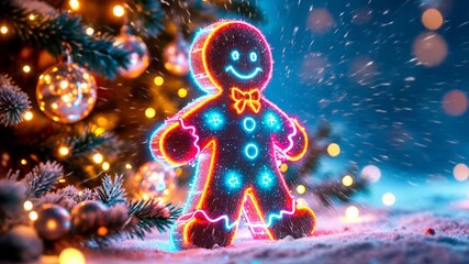 Magical gingerbread man glowing with neon lights and sparkles next to a decorated Christmas tree - Powered by Adobe