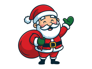 A cheerful cartoon illustration of Santa Claus waving with a sack of gifts.