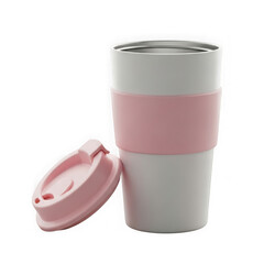 White reusable coffee cup with pink sleeve and lid. 3d render.