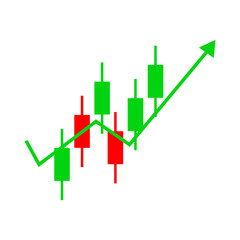 Green upward trend arrow over japanese candlestick chart silhouette