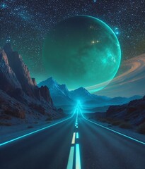 Sci-fi digital art of a glowing neon road through a cosmic mountain landscape.