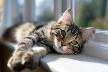 Tabby cat kitten resting on white window sill
