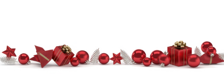 Red christmas balls with xmas present gift boxes in a row isolated on snow, Christmas banner
