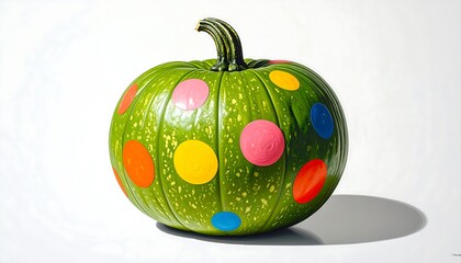 Green pumpkin decorated with multicolor polka dots on dark surface