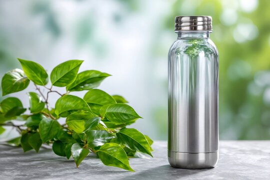 Reusable stainless steel water bottle representing sustainability and nature - Powered by Adobe