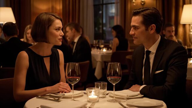 Romantic dinner in upscale restaurant. Elegant couple enjoys intimate conversation over fine wine. Cozy ambiance sets mood for connection and romance.