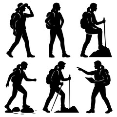Set of 6 Female Hiking Silhouettes Outdoor Adventure Vector Icons © mheamin