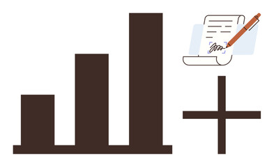 Bar chart, signed document with a pen, and a plus sign symbolizing growth, agreements, collaboration, improvement, success, data analysis, and positive results in a simple flat metaphor