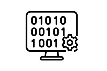 Minimal black software vector showing code screen and gear, representing algorithms, computation, and modern system engineering.
