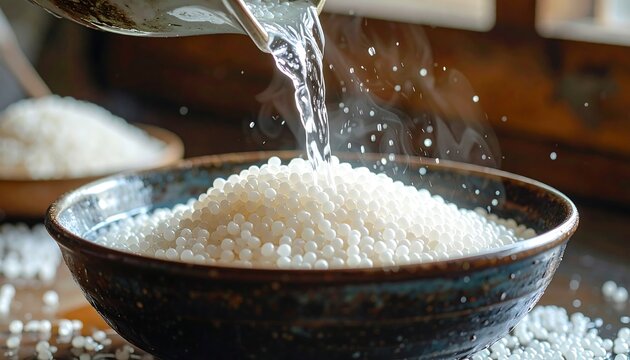 A close-up shows water being poured over tapioca pearls in a dark, ceramic bowl with blurred background elements