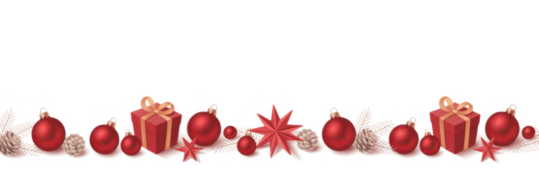 Red christmas balls with xmas present gift boxes in a row isolated on snow, Christmas banner
