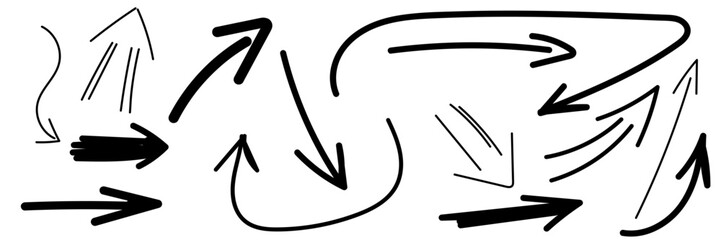 hand drawn sketch pencil drawing many different arrow element set, graphic vector pen scribble icons isolated on transparent png