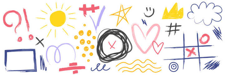 hand drawn sketch pencil drawing many different colorful elements set, graphic vector pen scribble icons: texture, underline, cross, correct, heart, sun isolated on transparent png 