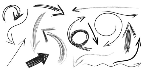 hand drawn sketch pencil drawing many different arrow element set, graphic vector pen scribble icons isolated on transparent png