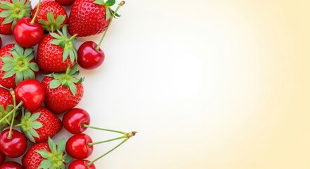 Fresh strawberries and cherries arranged in the corner with empty space