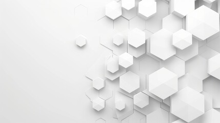 Abstract white hexagonal shapes create a modern geometric pattern on a light background. The design is minimalistic and clean, suitable for various applications.