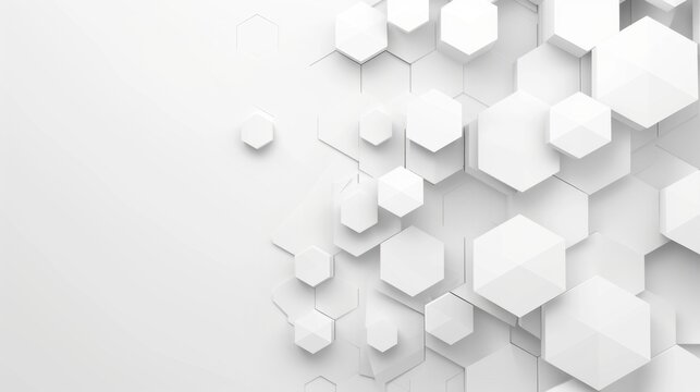 Abstract white hexagonal shapes create a modern geometric pattern on a light background. The design is minimalistic and clean, suitable for various applications.