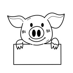 Pig Holding Sign Vector Illustration – Cute Farm Animal Outline Clipart