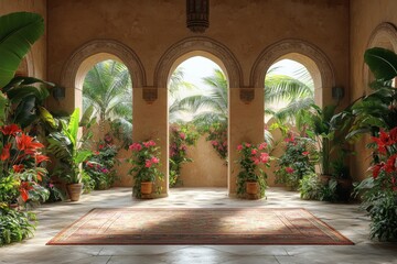 Fototapeta premium Beige Room With Floral Accents And Arches