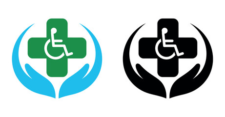 Healthcare symbol featuring a cross with a wheelchair icon and caring hands symbolizes medical support.