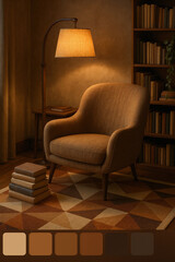 Cozy reading nook with armchair and color palette