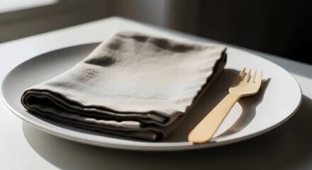 Wooden fork resting on linen napkin for eco-friendly minimalist dining and home decor concept