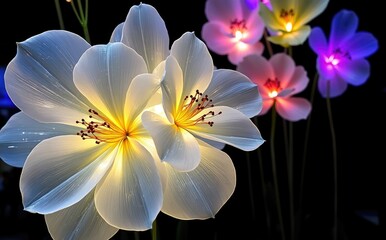 Luminous white and colorful floral sculptures flower light