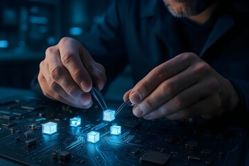 Engineer placing glowing blue microchips on circuit board photograph.