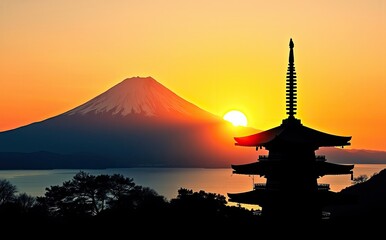 Majestic pagoda silhouetted against fiery sunset over mountain and lake image