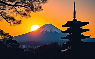 Majestic pagoda silhouetted against fiery sunset over snowy mountain image