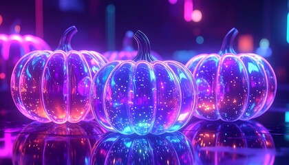 Iridescent glass pumpkins glowing with soft color reflections on white surface