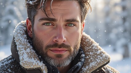 Young man with brown hair in snow-covered shearling winter coat outdoors in snowy forest, close up, winter atmosphere