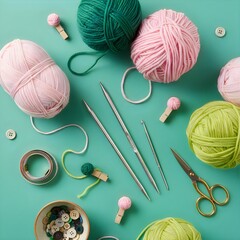 Knitting and craft supplies flat lay photograph.