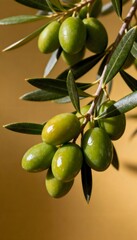 Close-up photograph of a fresh green olive branch in golden sunlight.
