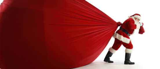 Santa Claus pulling huge bag of presents isiolated on white background with copy space
