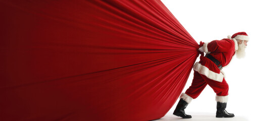 Santa Claus pulling huge bag of presents isiolated on white background with copy space
