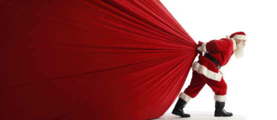 Santa Claus pulling huge bag of presents isiolated on white background with copy space
