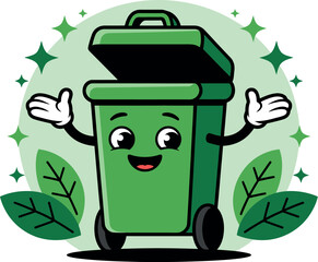 Cheerful green recycling bin with friendly face and open lid, surrounded by sparkling leaves.