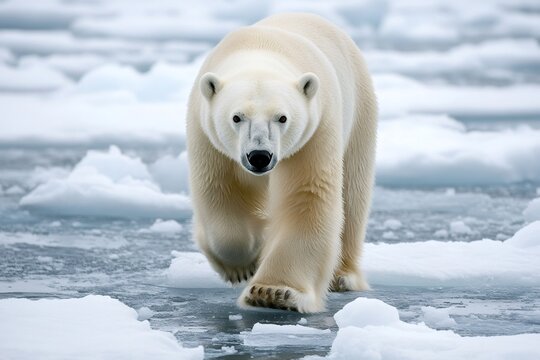 Polar bear walking on arctic sea ice ecosystem