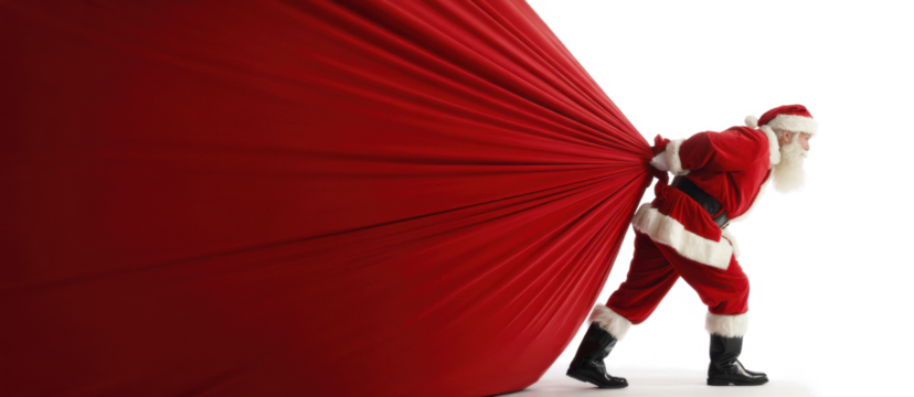 Santa Claus pulling huge bag of presents isiolated on white background with copy space
