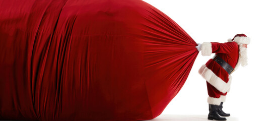 Santa Claus pulling huge bag of presents isiolated on white background with copy space
