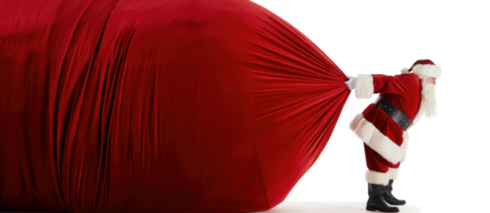 Santa Claus pulling huge bag of presents isiolated on white background with copy space
