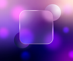 Abstract, purple gradient background with frosted glass plate with copy space. Flying 3D blurred and focal spheres. Banner template and covers for advertising on social networks, websites, leaflets.