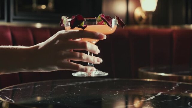 Elegant cocktail with rose petals on a marble table, hand reaching in dim bar, creating a sophisticated and alluring ambiance.