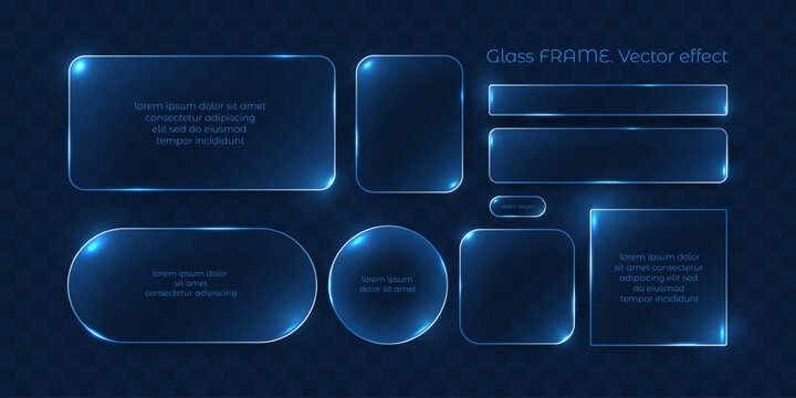 A set of glass-effect frames with shining edges and highlights. Blue, translucent geometric shapes, rectangles, circle, oval, square. Design UI UX elements for websites and user interfaces.