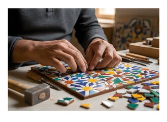Close-up photograph of an artisan's hands crafting a colorful Moroccan tile mosaic zellij.