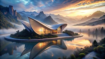 Modern Building on Island Lake