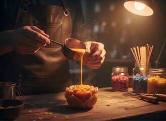 Artisan pouring hot wax into flower candle mold, workshop digital art illustration.