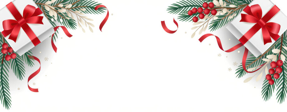 Christmas fir branches, gift boxes with red ribbon, red decoration, sparkles and confetti on white background. Xmas and New Year greeting card, winter holiday. Flat lay, top view